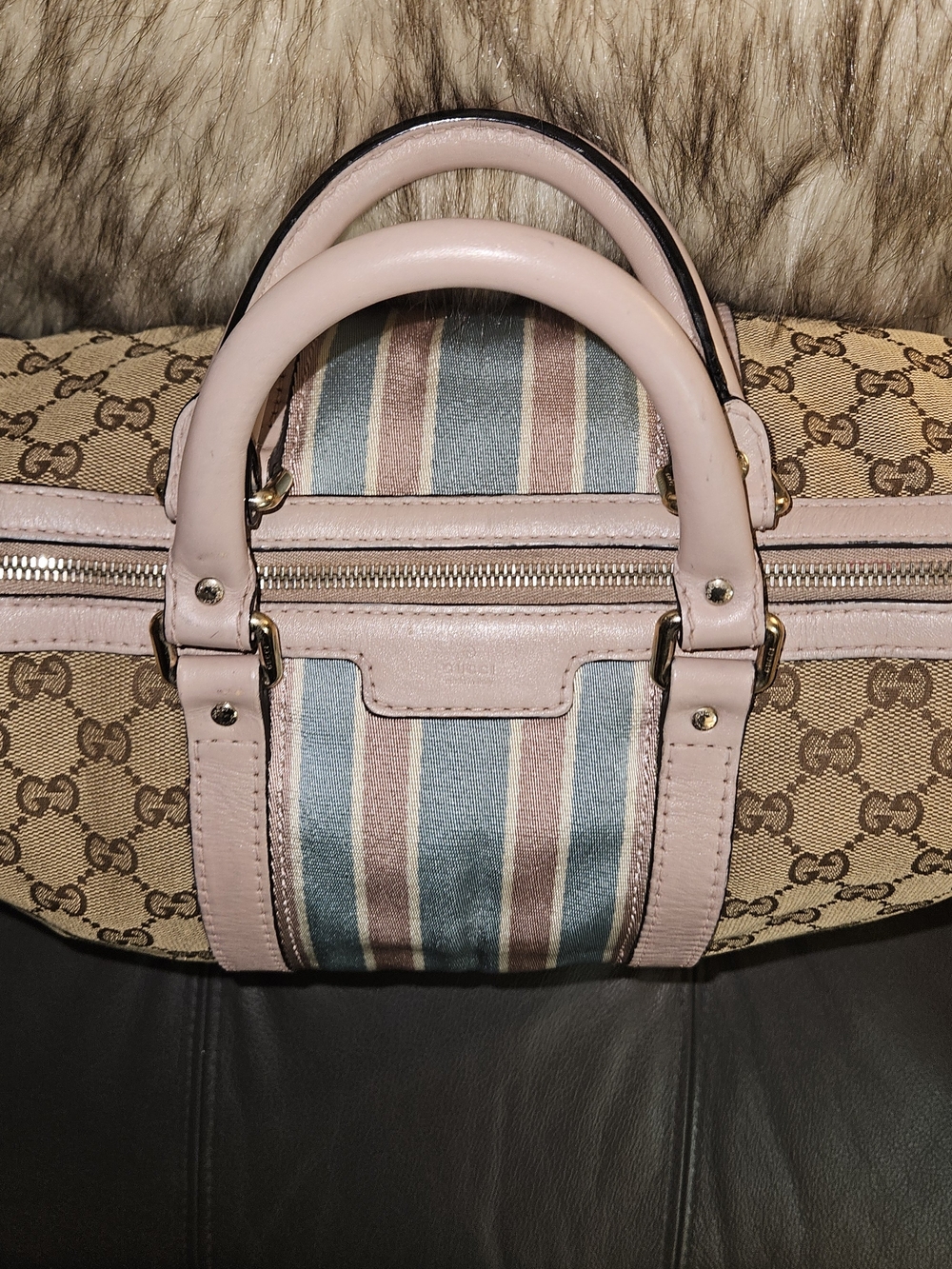 Gucci Beige GG Canvas Boston with Pink Trim and Striped Center - Picture 2 of 13